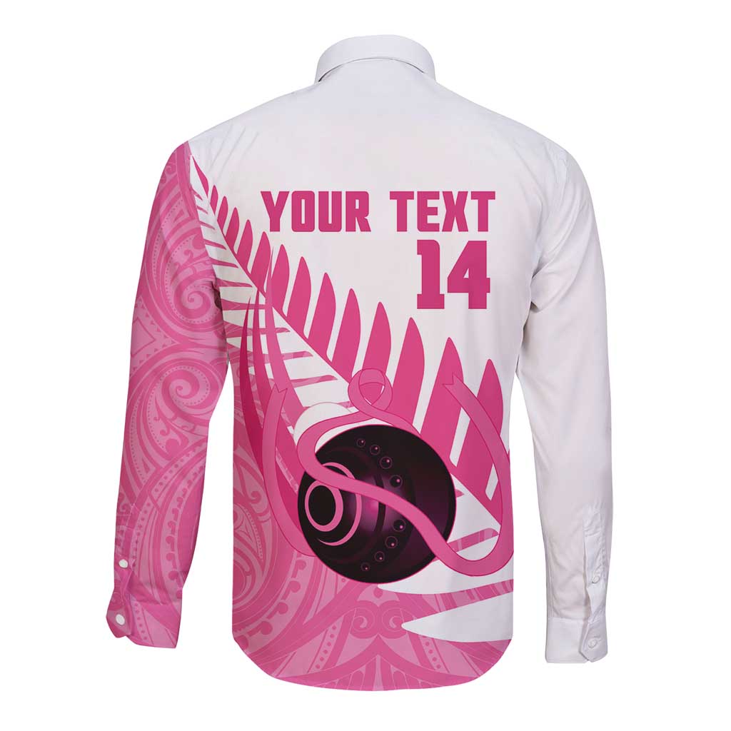 New Zealand Lawn Bowls Breast Cancer Custom Long Sleeve Button Shirt Aotearoa Maori Silver Fern Pink Ribbon - Polynesian Pride