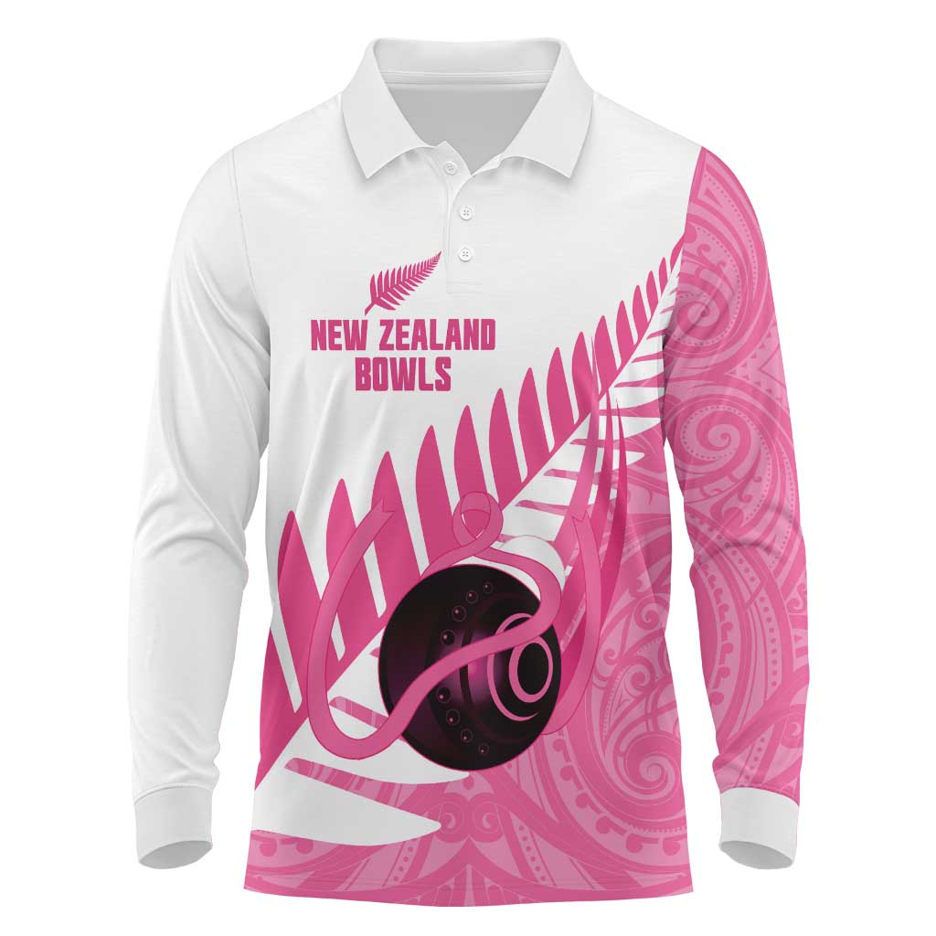 New Zealand Lawn Bowls Breast Cancer Custom Long Sleeve Polo Shirt Aotearoa Maori Silver Fern Pink Ribbon - Polynesian Pride