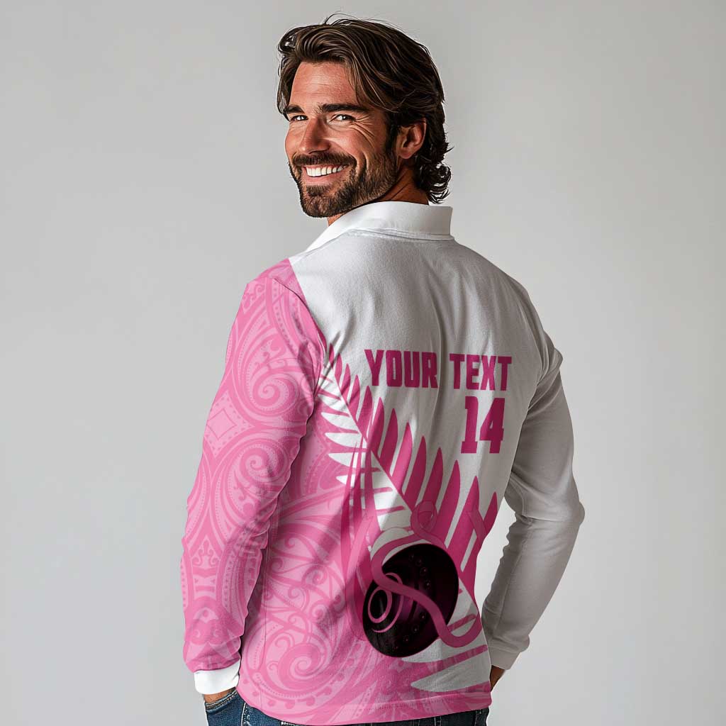 New Zealand Lawn Bowls Breast Cancer Custom Long Sleeve Polo Shirt Aotearoa Maori Silver Fern Pink Ribbon - Polynesian Pride