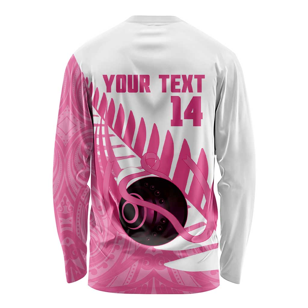 New Zealand Lawn Bowls Breast Cancer Custom Long Sleeve Shirt Aotearoa Maori Silver Fern Pink Ribbon - Polynesian Pride