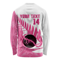 New Zealand Lawn Bowls Breast Cancer Custom Long Sleeve Shirt Aotearoa Maori Silver Fern Pink Ribbon - Polynesian Pride