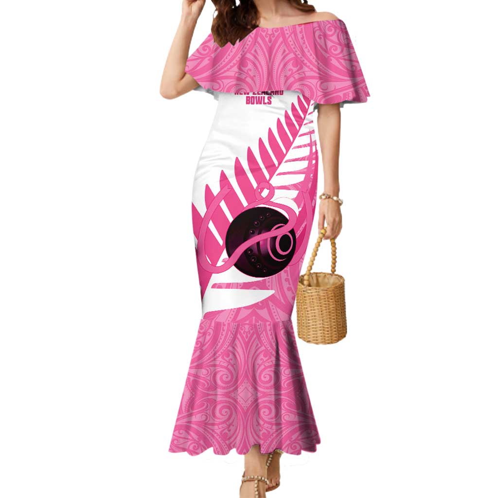 New Zealand Lawn Bowls Breast Cancer Custom Mermaid Dress Aotearoa Maori Silver Fern Pink Ribbon - Polynesian Pride