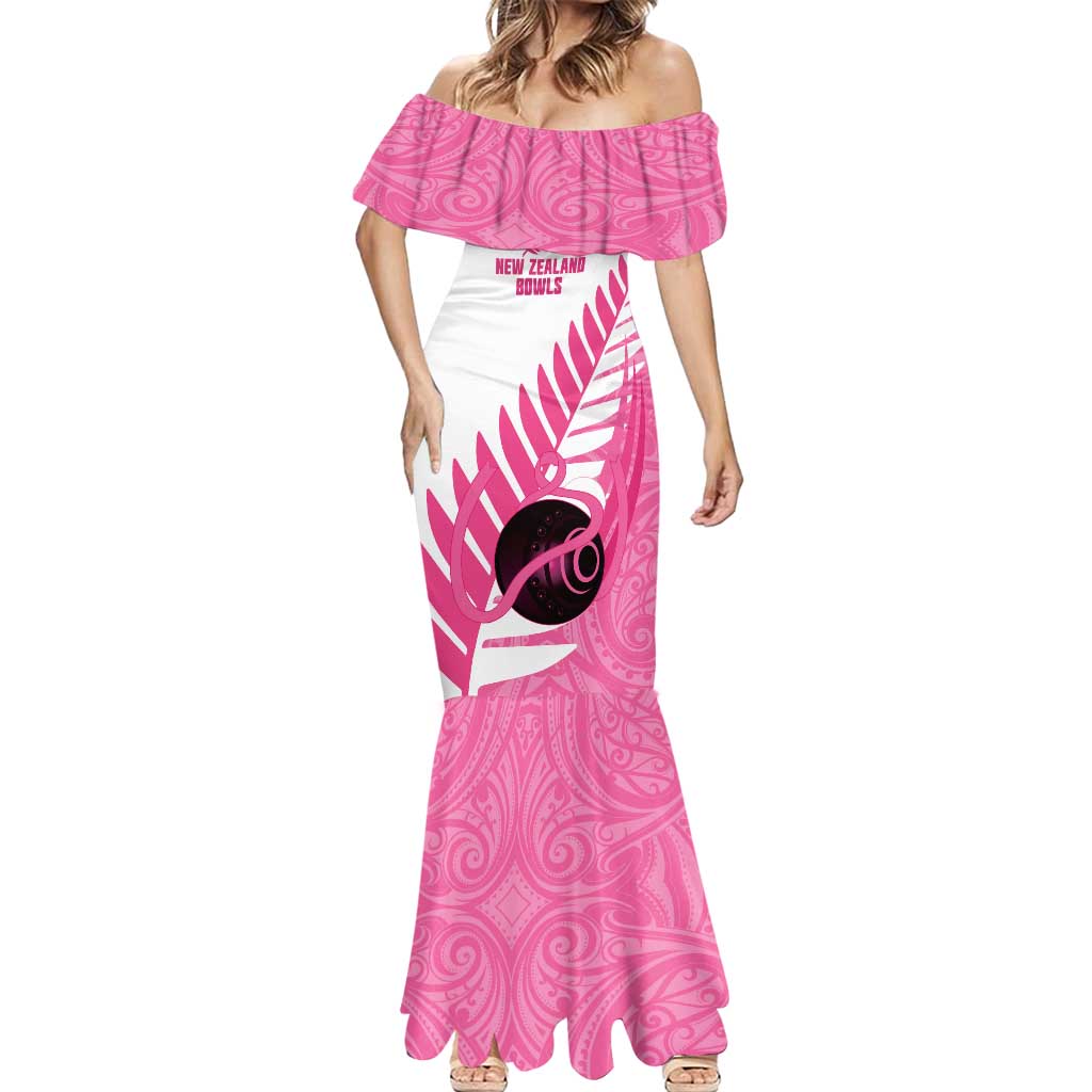 New Zealand Lawn Bowls Breast Cancer Custom Mermaid Dress Aotearoa Maori Silver Fern Pink Ribbon - Polynesian Pride
