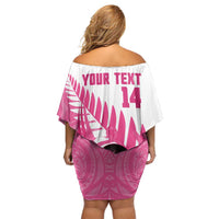 New Zealand Lawn Bowls Breast Cancer Custom Off Shoulder Short Dress Aotearoa Maori Silver Fern Pink Ribbon - Polynesian Pride