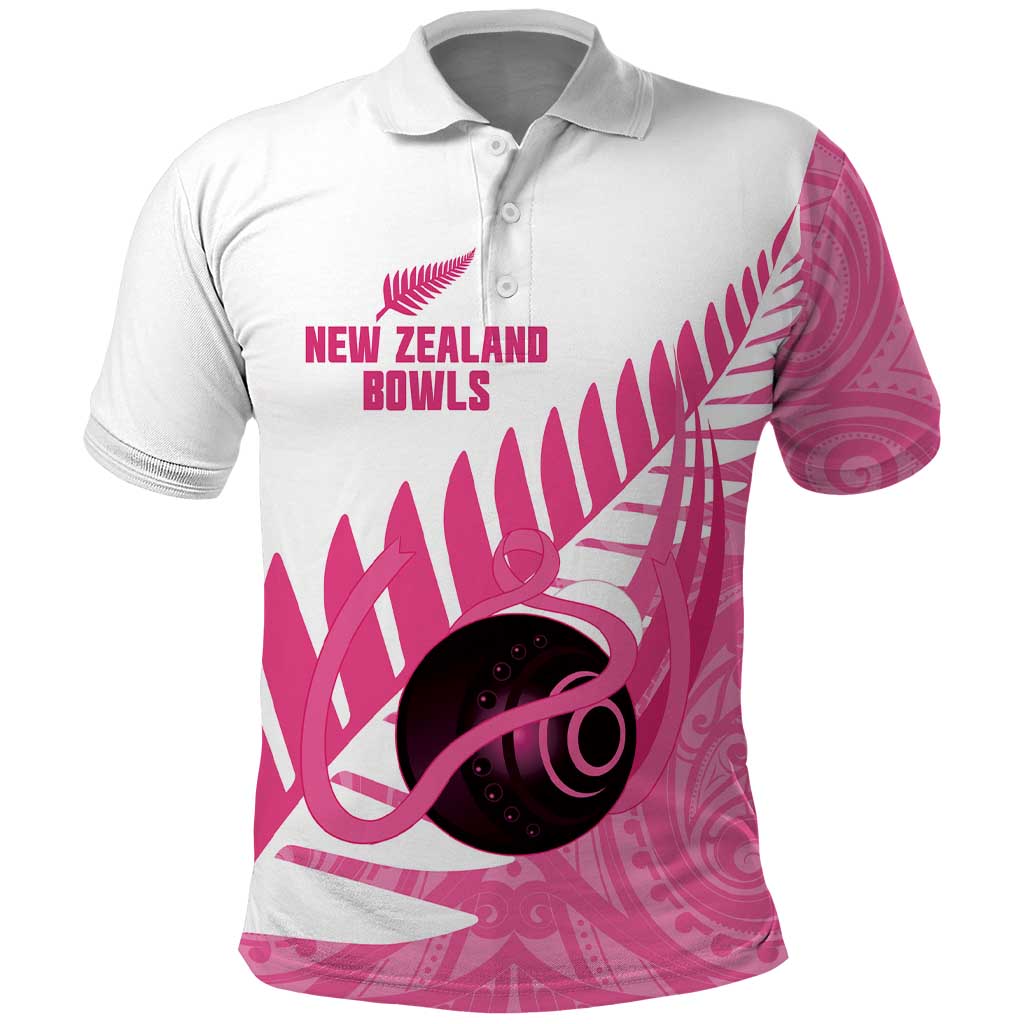 New Zealand Lawn Bowls Breast Cancer Custom Polo Shirt Aotearoa Maori Silver Fern Pink Ribbon - Polynesian Pride