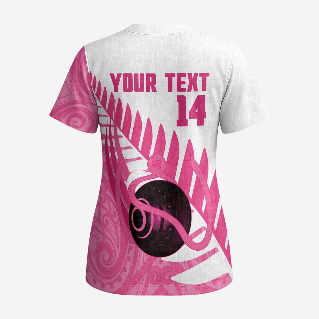 New Zealand Lawn Bowls Breast Cancer Custom Scrub Top Aotearoa Maori Silver Fern Pink Ribbon - Polynesian Pride