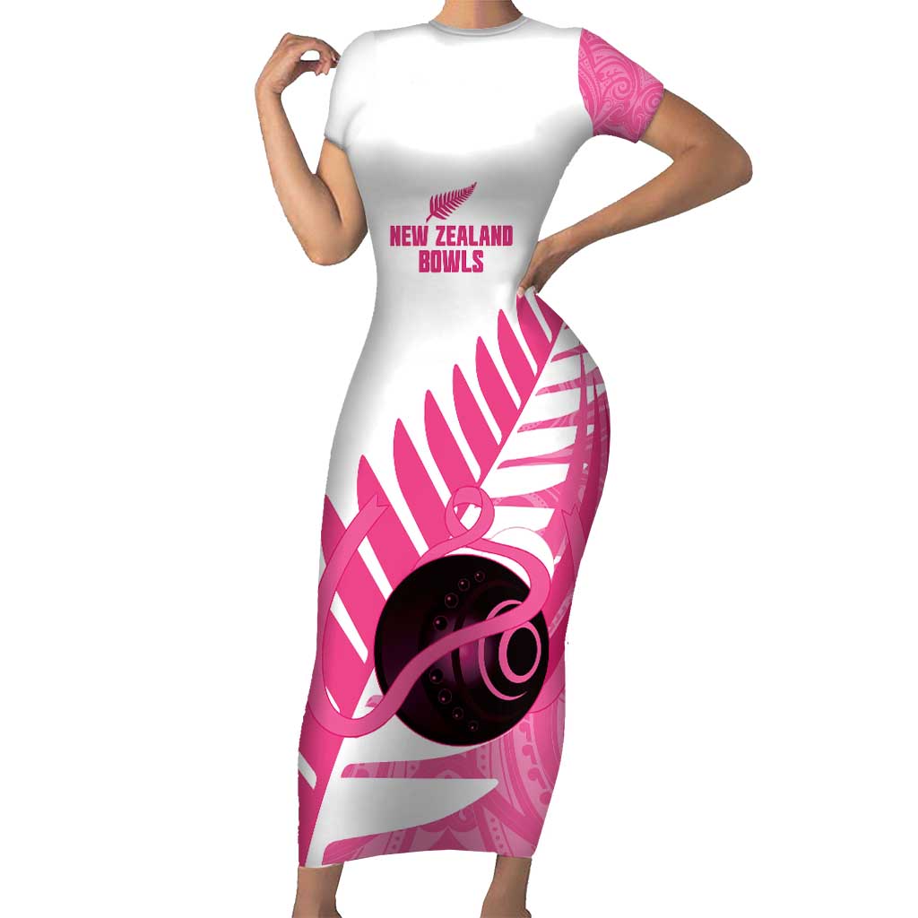 New Zealand Lawn Bowls Breast Cancer Custom Short Sleeve Bodycon Dress Aotearoa Maori Silver Fern Pink Ribbon - Polynesian Pride