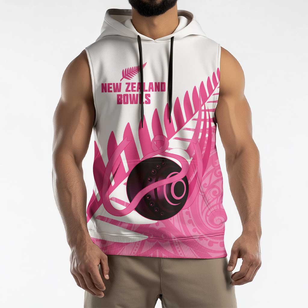 New Zealand Lawn Bowls Breast Cancer Custom Sleeveless Hoodie Aotearoa Maori Silver Fern Pink Ribbon - Polynesian Pride