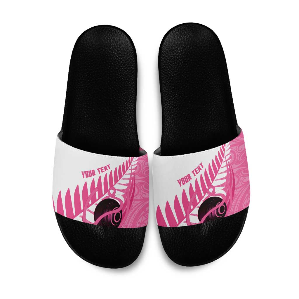 New Zealand Lawn Bowls Breast Cancer Custom Slide Sandals Aotearoa Maori Silver Fern Pink Ribbon - Polynesian Pride