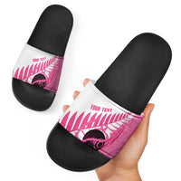 New Zealand Lawn Bowls Breast Cancer Custom Slide Sandals Aotearoa Maori Silver Fern Pink Ribbon - Polynesian Pride