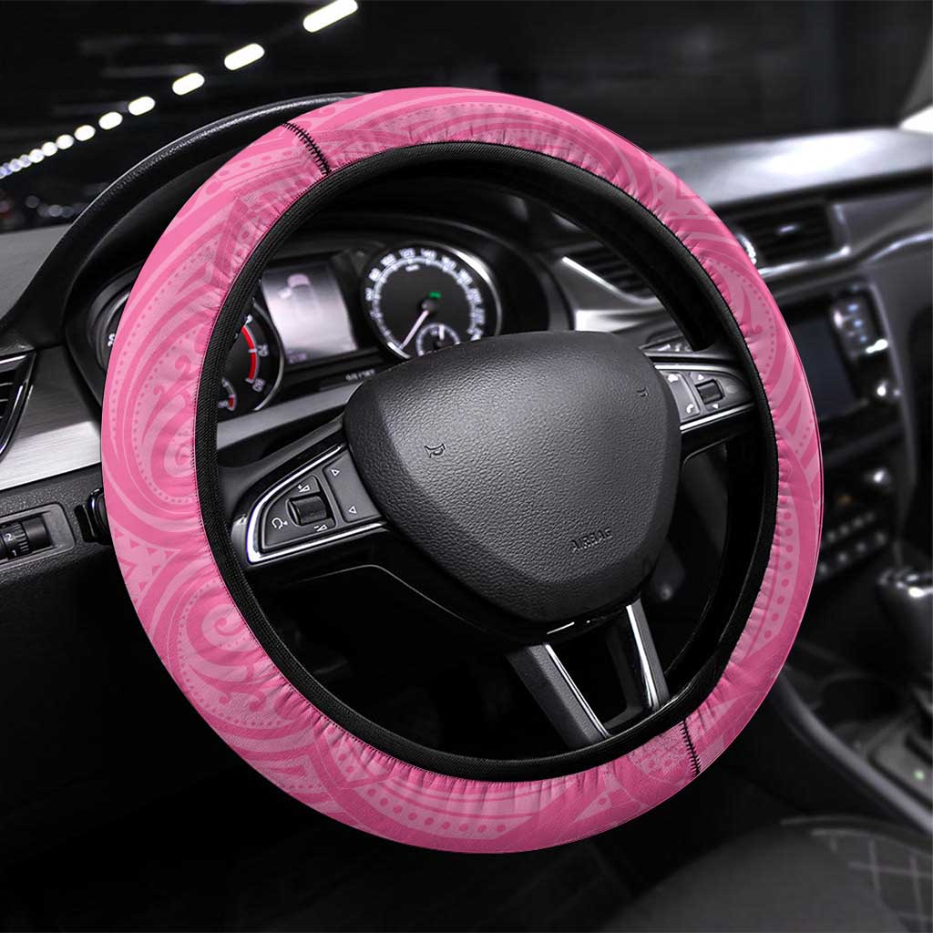New Zealand Lawn Bowls Breast Cancer Steering Wheel Cover Aotearoa Maori Silver Fern Pink Ribbon - Polynesian Pride