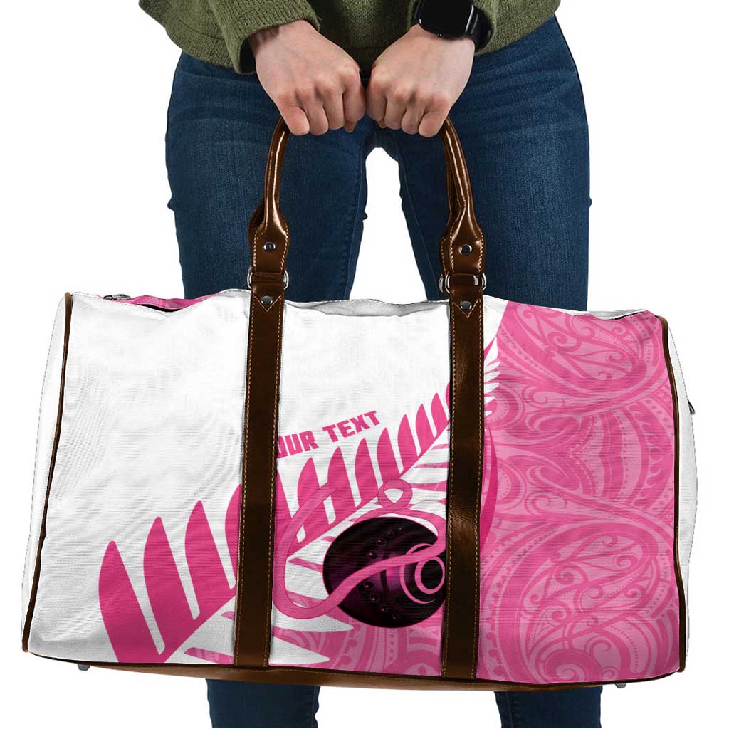 New Zealand Lawn Bowls Breast Cancer Custom Travel Bag Aotearoa Maori Silver Fern Pink Ribbon - Polynesian Pride
