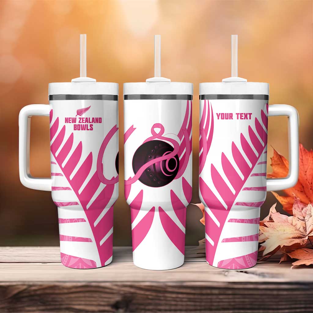 New Zealand Lawn Bowls Breast Cancer Custom Tumbler With Handle Aotearoa Maori Silver Fern Pink Ribbon - Polynesian Pride