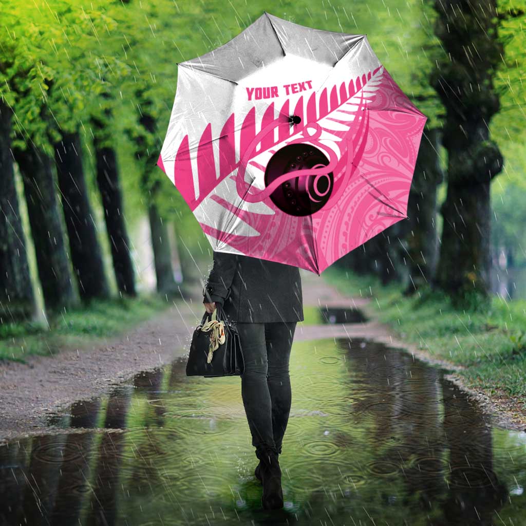 New Zealand Lawn Bowls Breast Cancer Custom Umbrella Aotearoa Maori Silver Fern Pink Ribbon - Polynesian Pride