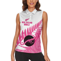 New Zealand Lawn Bowls Breast Cancer Custom Women Sleeveless Polo Shirt Aotearoa Maori Silver Fern Pink Ribbon - Polynesian Pride