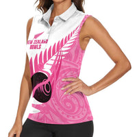 New Zealand Lawn Bowls Breast Cancer Custom Women Sleeveless Polo Shirt Aotearoa Maori Silver Fern Pink Ribbon - Polynesian Pride