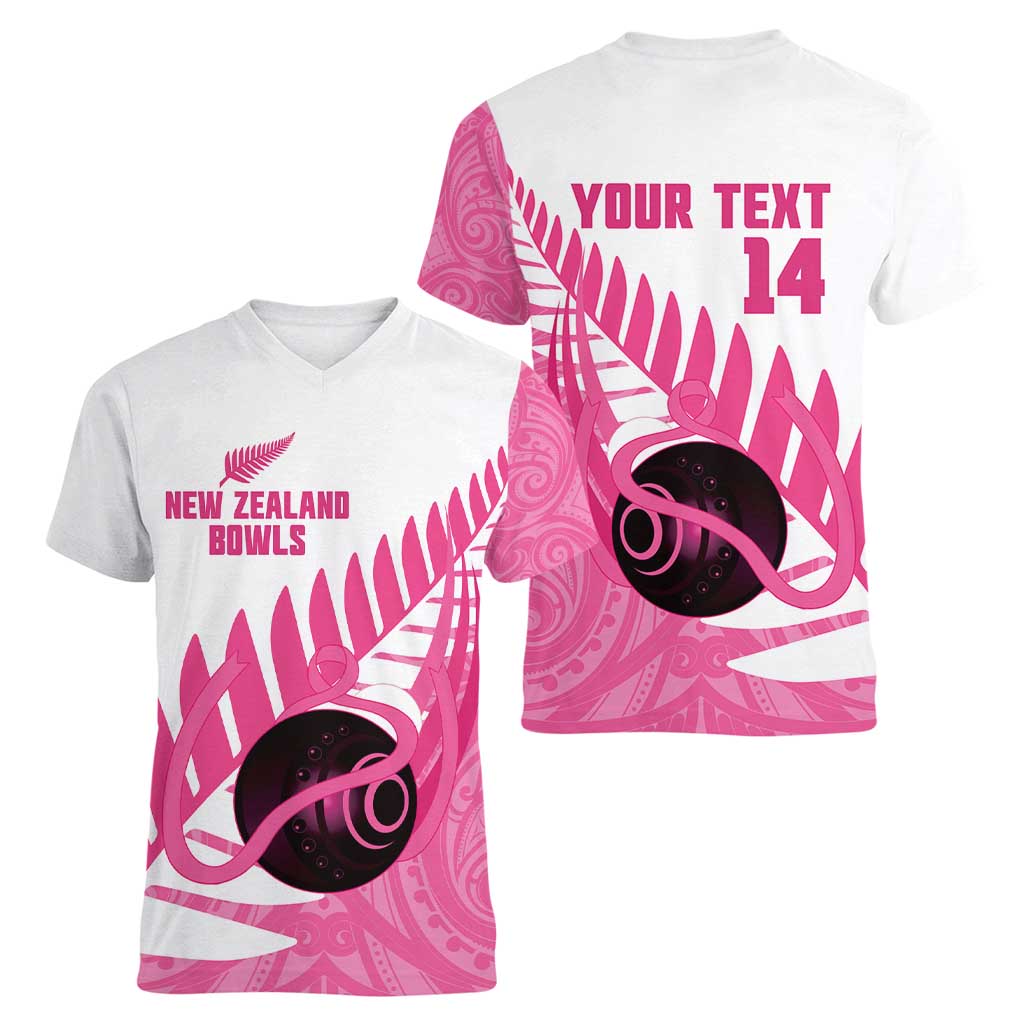 New Zealand Lawn Bowls Breast Cancer Custom Women V-Neck T-Shirt Aotearoa Maori Silver Fern Pink Ribbon - Polynesian Pride