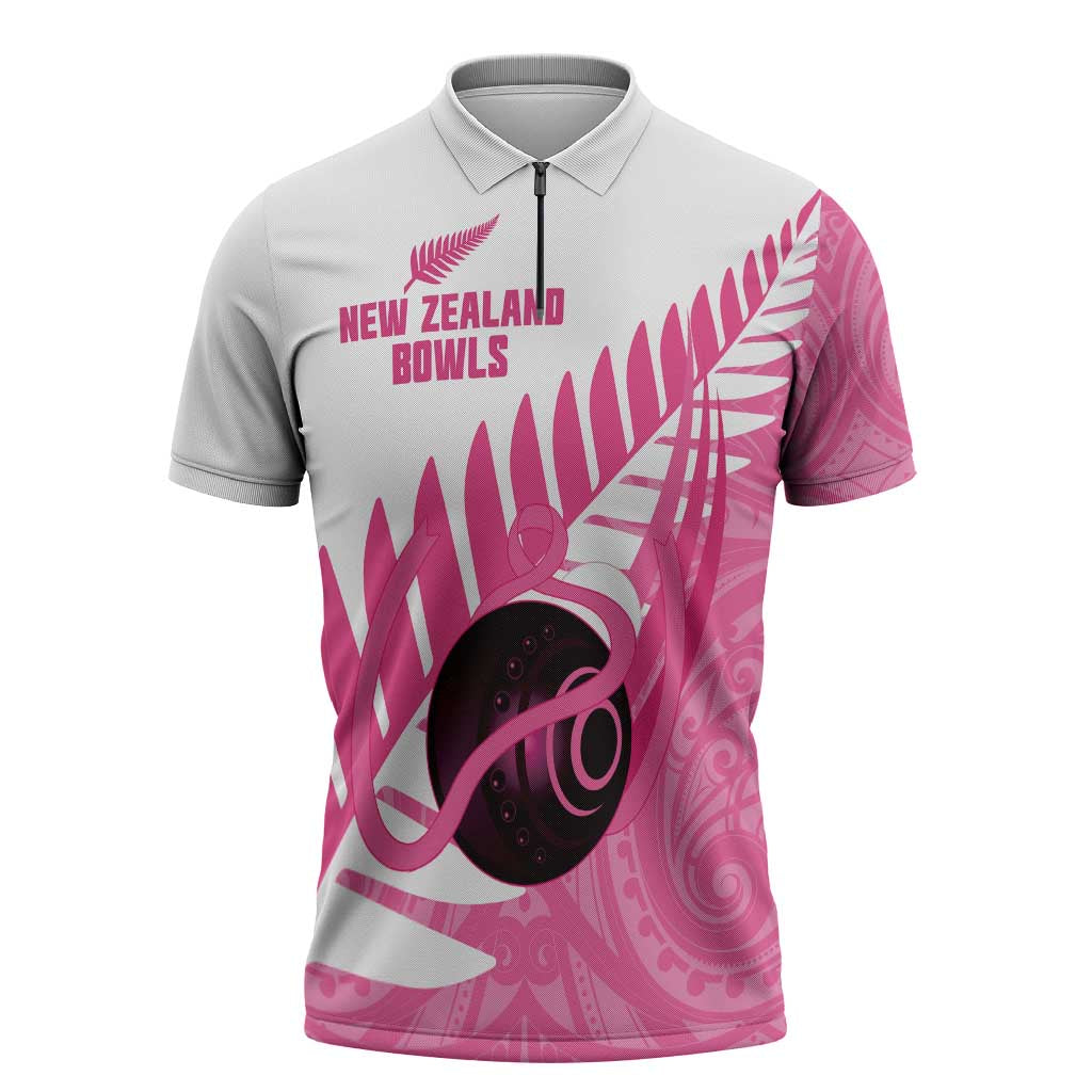 New Zealand Lawn Bowls Breast Cancer Custom Zipper Polo Shirt Aotearoa Maori Silver Fern Pink Ribbon - Polynesian Pride