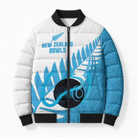 New Zealand Lawn Bowls Prostate Cancer Custom Bomber Puffer Jacket Aotearoa Maori Silver Fern Blue Ribbon - Polynesian Pride
