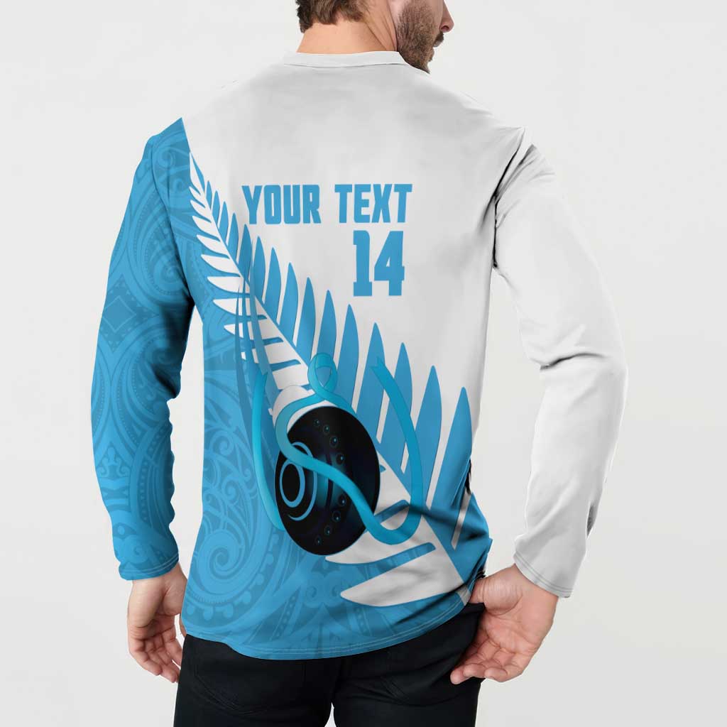 New Zealand Lawn Bowls Prostate Cancer Custom Button Sweatshirt Aotearoa Maori Silver Fern Blue Ribbon - Polynesian Pride