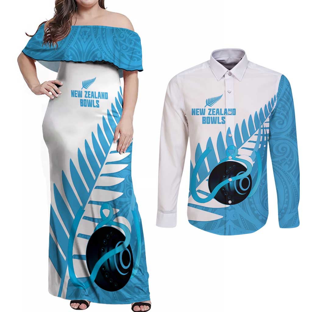 New Zealand Lawn Bowls Prostate Cancer Custom Couples Matching Off Shoulder Maxi Dress and Long Sleeve Button Shirt Aotearoa Maori Silver Fern Blue Ribbon - Polynesian Pride