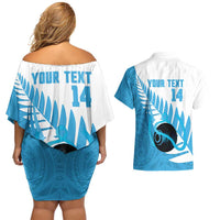 New Zealand Lawn Bowls Prostate Cancer Custom Couples Matching Off Shoulder Short Dress and Hawaiian Shirt Aotearoa Maori Silver Fern Blue Ribbon - Polynesian Pride