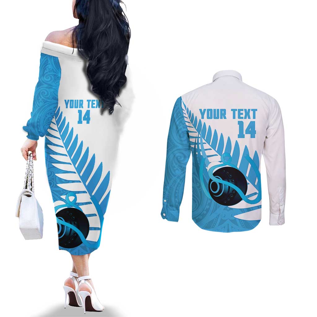 New Zealand Lawn Bowls Prostate Cancer Custom Couples Matching Off The Shoulder Long Sleeve Dress and Long Sleeve Button Shirt Aotearoa Maori Silver Fern Blue Ribbon - Polynesian Pride