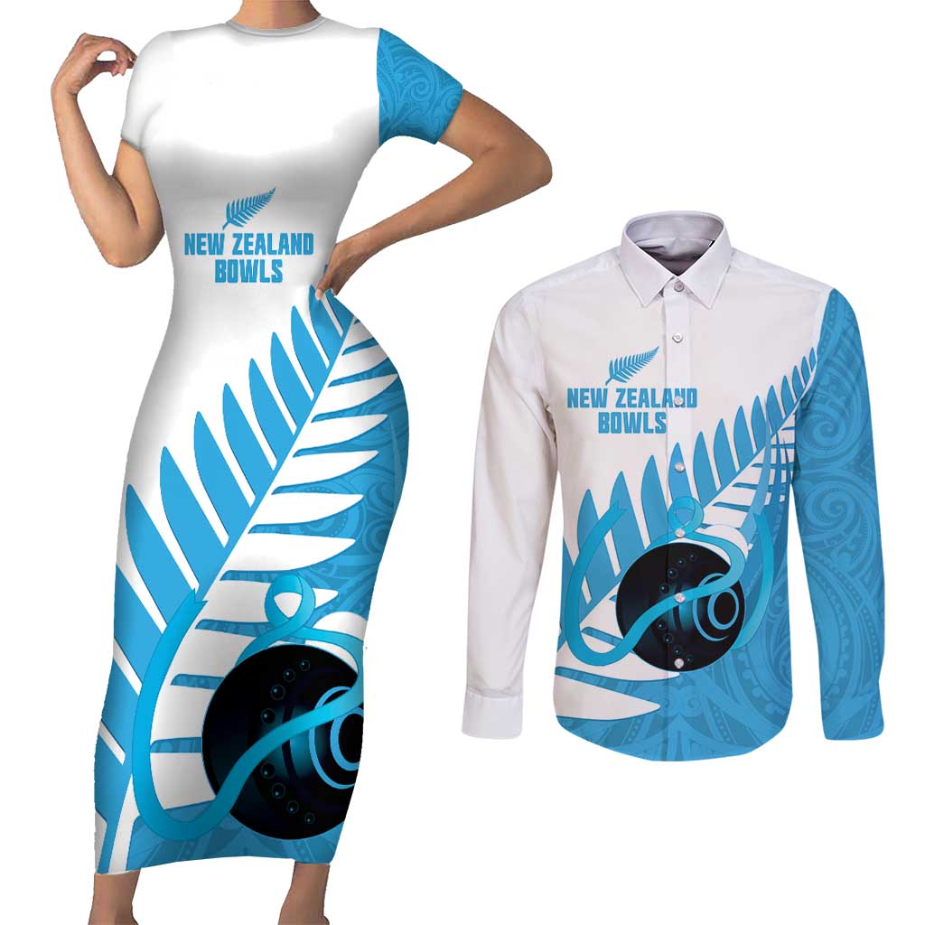 New Zealand Lawn Bowls Prostate Cancer Custom Couples Matching Short Sleeve Bodycon Dress and Long Sleeve Button Shirt Aotearoa Maori Silver Fern Blue Ribbon - Polynesian Pride