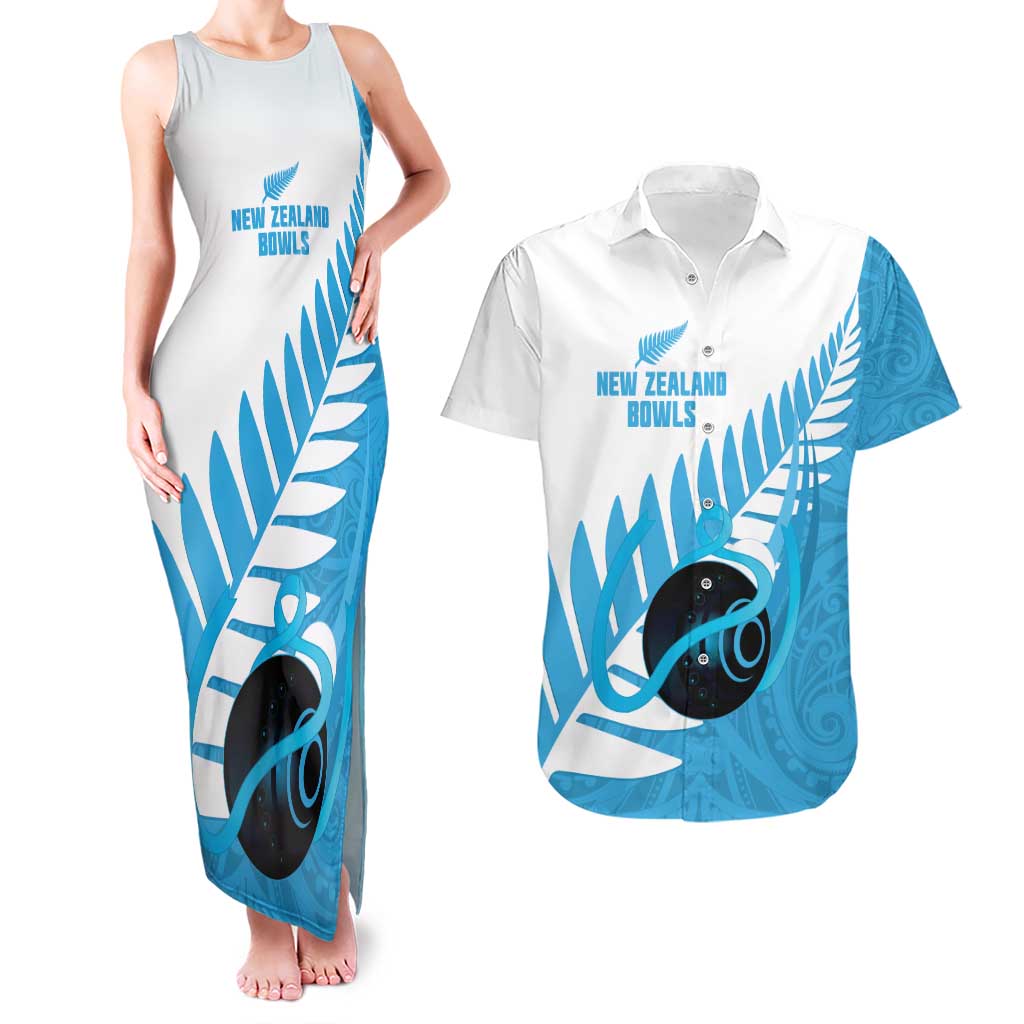 New Zealand Lawn Bowls Prostate Cancer Custom Couples Matching Tank Maxi Dress and Hawaiian Shirt Aotearoa Maori Silver Fern Blue Ribbon - Polynesian Pride