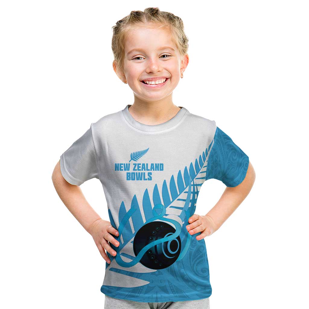 New Zealand Lawn Bowls Prostate Cancer Custom Kid T Shirt Aotearoa Maori Silver Fern Blue Ribbon - Polynesian Pride