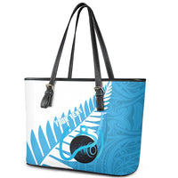 New Zealand Lawn Bowls Prostate Cancer Custom Leather Tote Bag Aotearoa Maori Silver Fern Blue Ribbon - Polynesian Pride