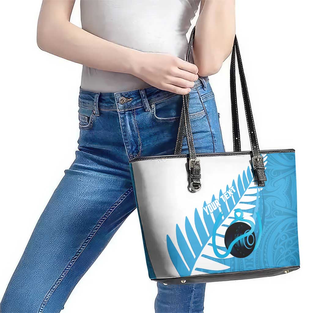 New Zealand Lawn Bowls Prostate Cancer Custom Leather Tote Bag Aotearoa Maori Silver Fern Blue Ribbon - Polynesian Pride