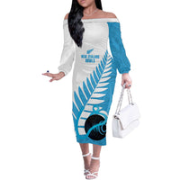 New Zealand Lawn Bowls Prostate Cancer Custom Off The Shoulder Long Sleeve Dress Aotearoa Maori Silver Fern Blue Ribbon - Polynesian Pride