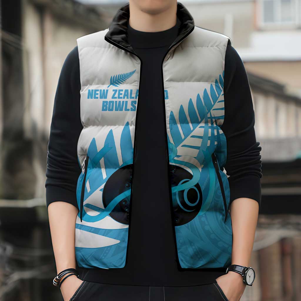 New Zealand Lawn Bowls Prostate Cancer Custom Sleeveless Puffer Jacket Aotearoa Maori Silver Fern Blue Ribbon - Polynesian Pride
