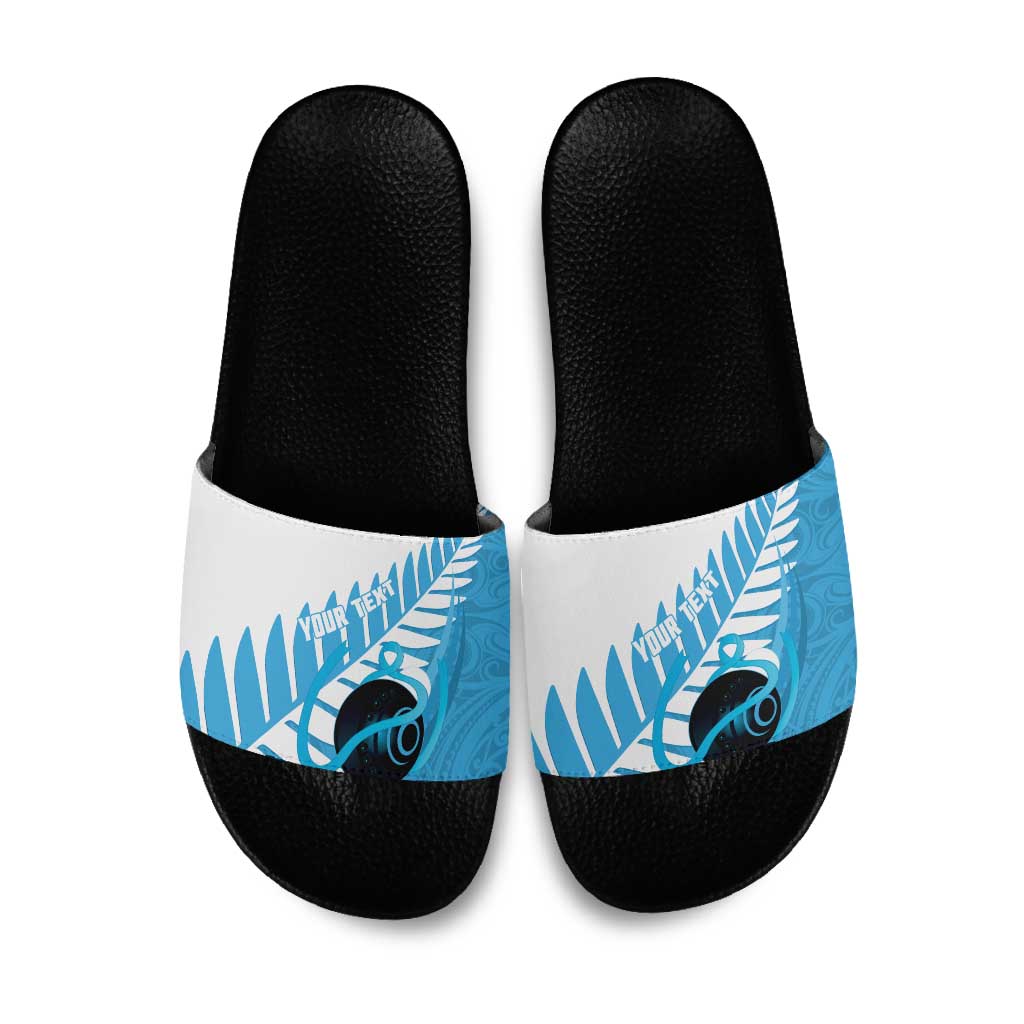 New Zealand Lawn Bowls Prostate Cancer Custom Slide Sandals Aotearoa Maori Silver Fern Blue Ribbon - Polynesian Pride