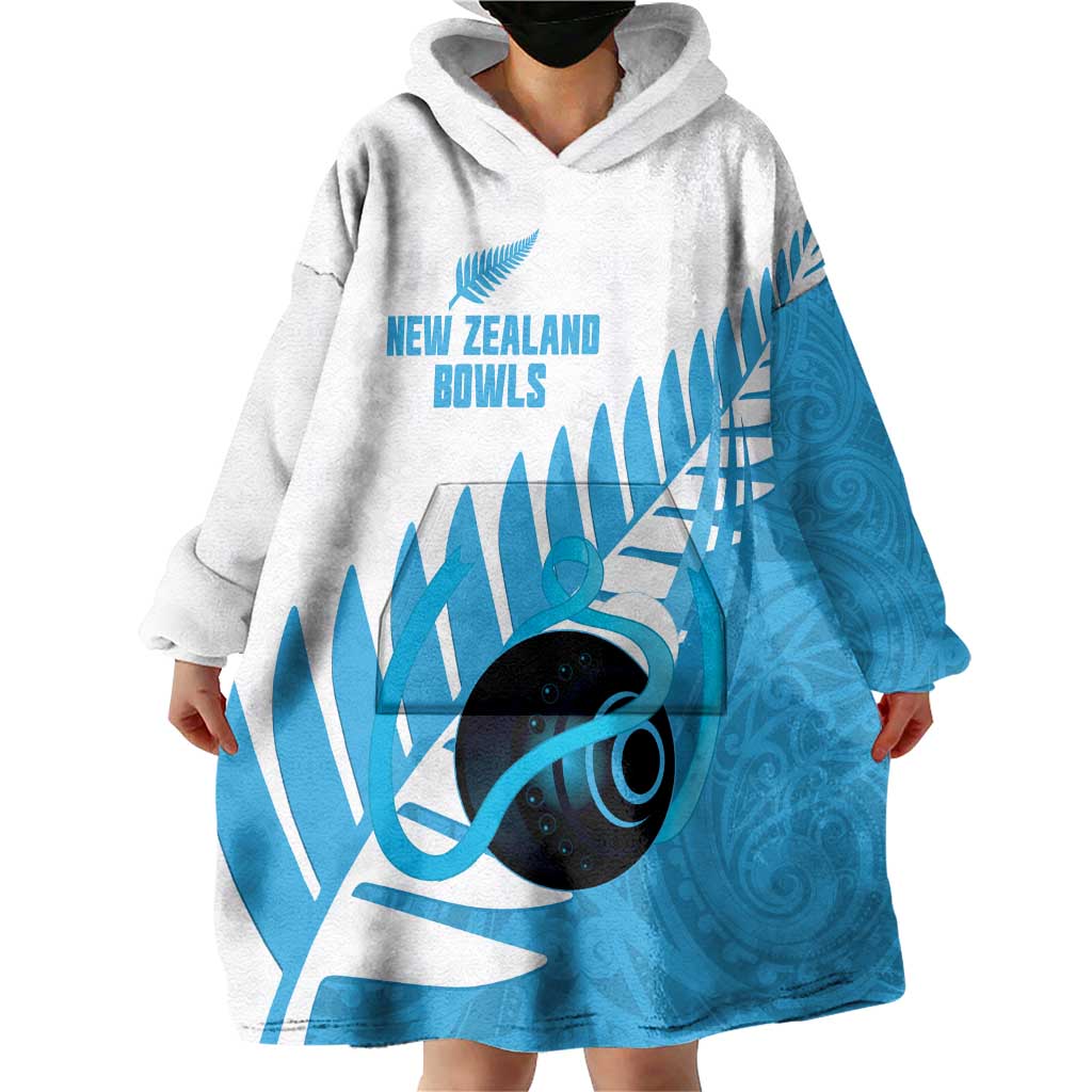 New Zealand Lawn Bowls Prostate Cancer Custom Wearable Blanket Hoodie Aotearoa Maori Silver Fern Blue Ribbon - Polynesian Pride