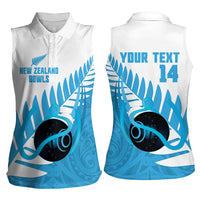 New Zealand Lawn Bowls Prostate Cancer Custom Women Sleeveless Polo Shirt Aotearoa Maori Silver Fern Blue Ribbon - Polynesian Pride