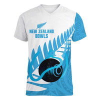 New Zealand Lawn Bowls Prostate Cancer Custom Women V-Neck T-Shirt Aotearoa Maori Silver Fern Blue Ribbon - Polynesian Pride