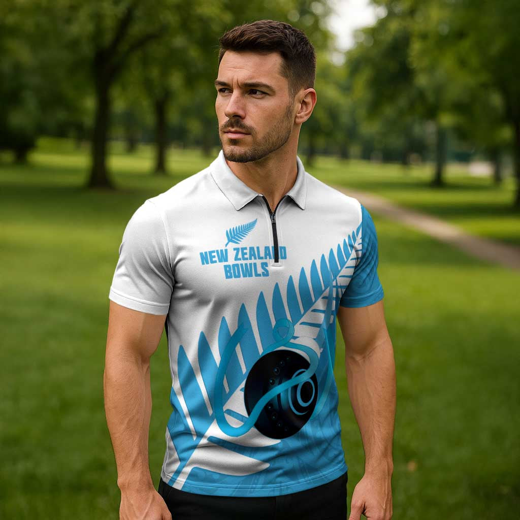 New Zealand Lawn Bowls Prostate Cancer Custom Zipper Polo Shirt Aotearoa Maori Silver Fern Blue Ribbon - Polynesian Pride