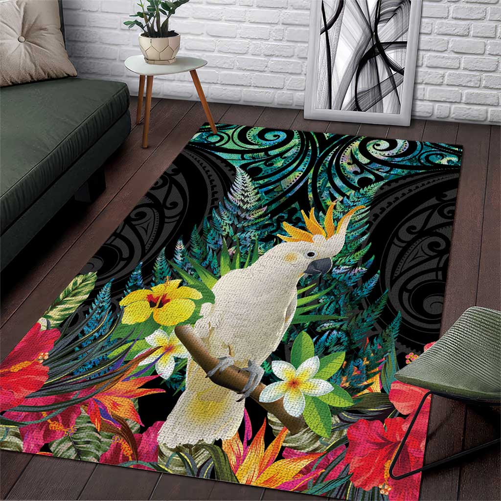 Sulphur-crested Cockatoo New Zealand Area Rug Paua Shell Aotearoa Maori Tropical Flowers - Polynesian Pride