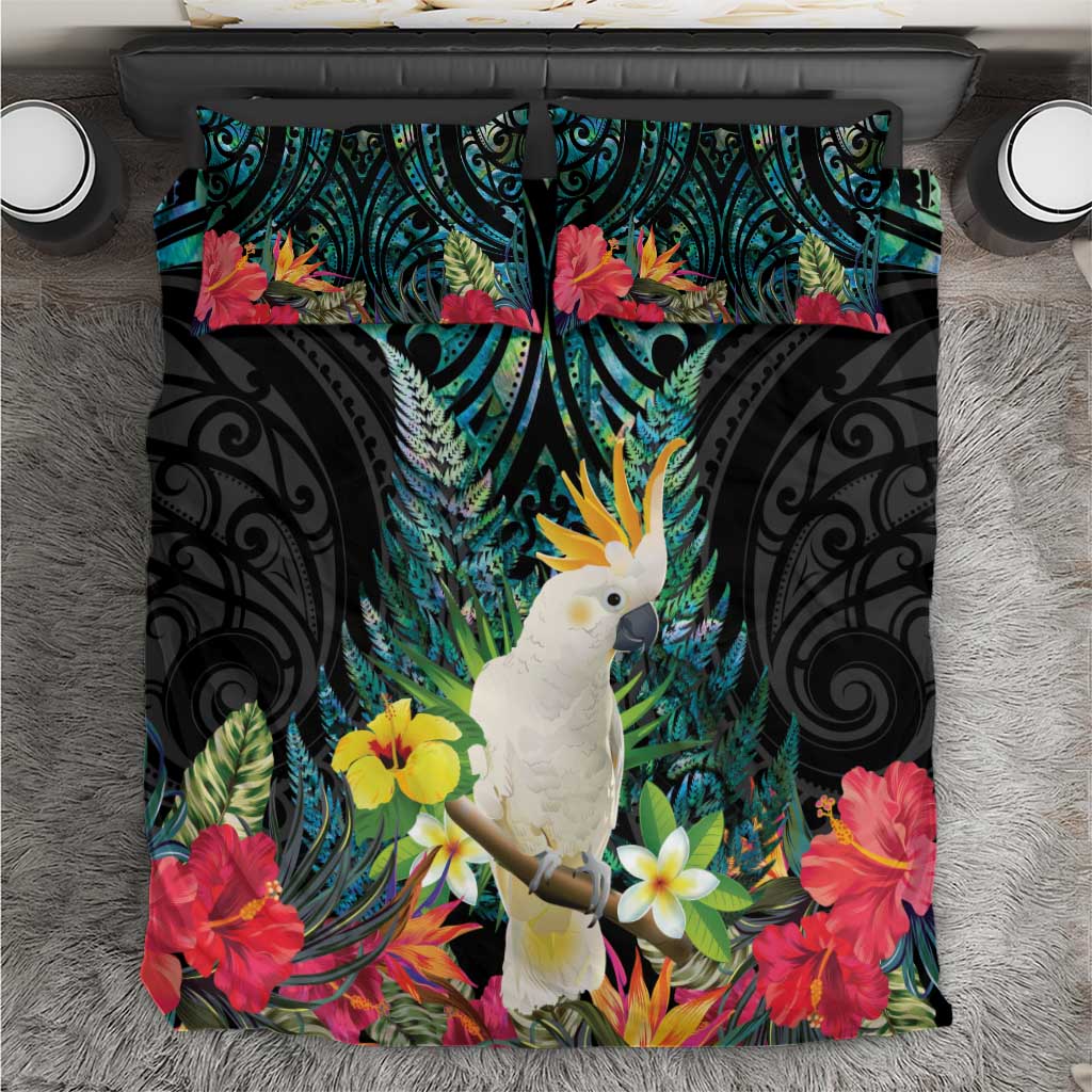 Sulphur-crested Cockatoo New Zealand Bedding Set Paua Shell Aotearoa Maori Tropical Flowers - Polynesian Pride