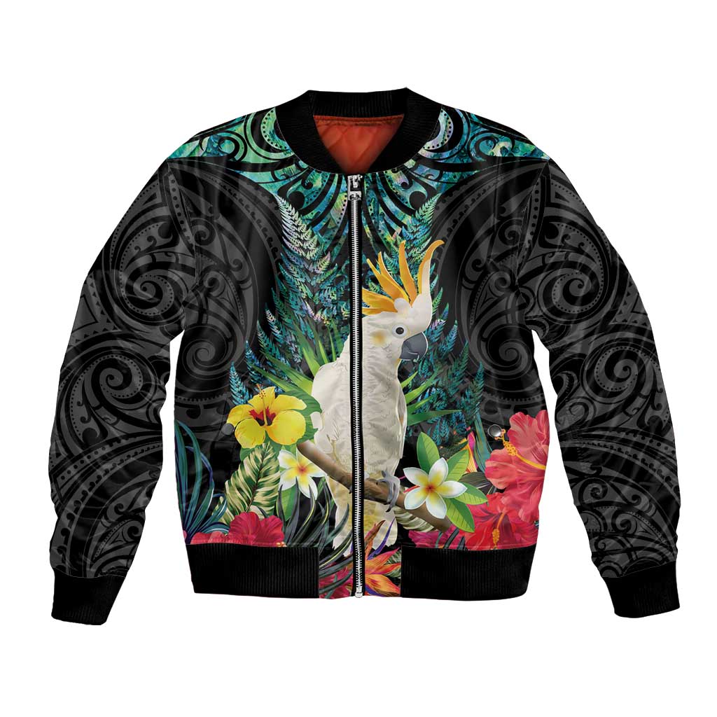 Sulphur-crested Cockatoo New Zealand Bomber Jacket Paua Shell Aotearoa Maori Tropical Flowers - Polynesian Pride