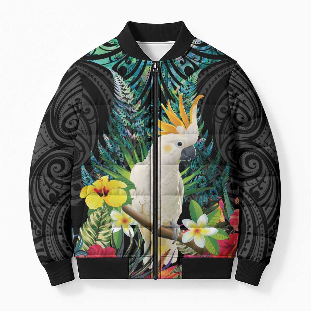 Sulphur-crested Cockatoo New Zealand Bomber Puffer Jacket Paua Shell Aotearoa Maori Tropical Flowers - Polynesian Pride