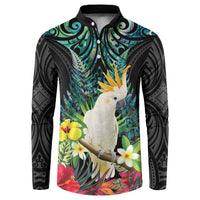 Sulphur-crested Cockatoo New Zealand Button Sweatshirt Paua Shell Aotearoa Maori Tropical Flowers - Polynesian Pride