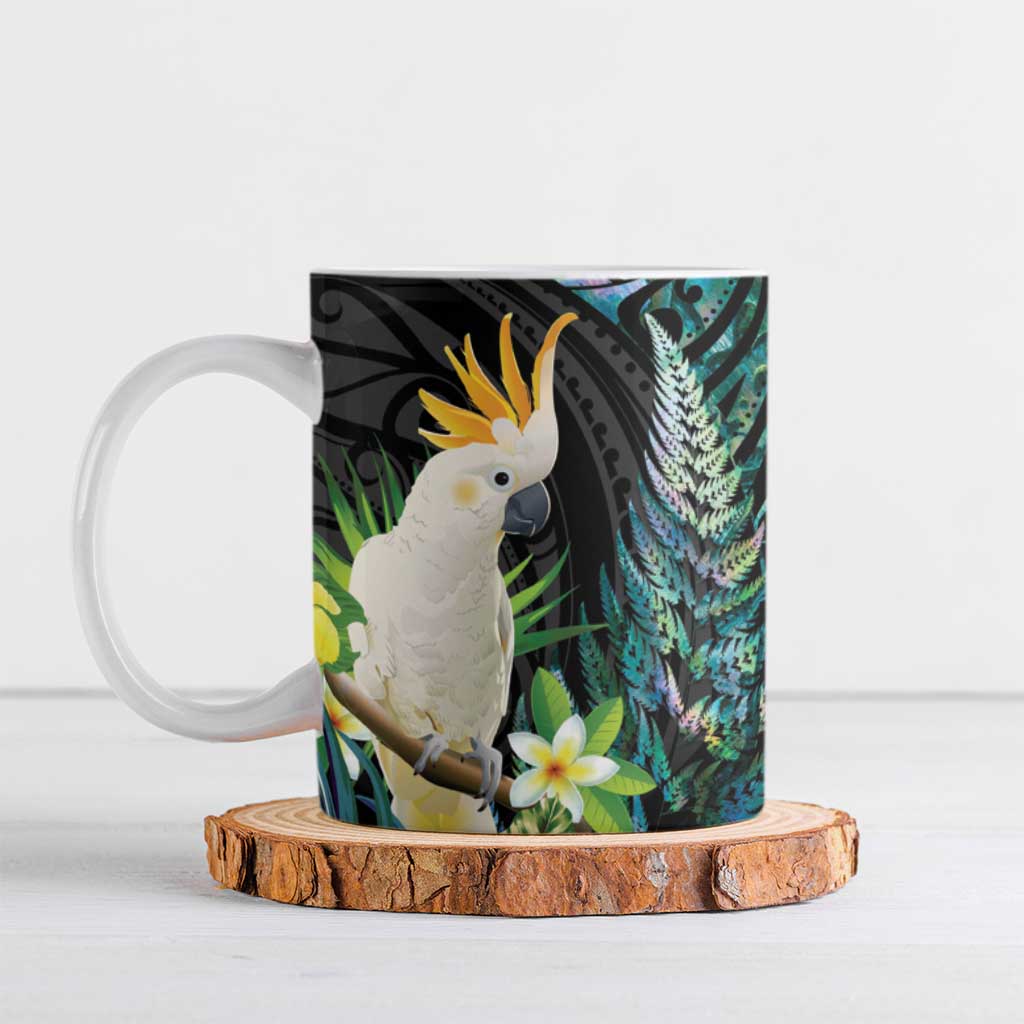 Sulphur-crested Cockatoo New Zealand Ceramic Mug Paua Shell Aotearoa Maori Tropical Flowers - Polynesian Pride