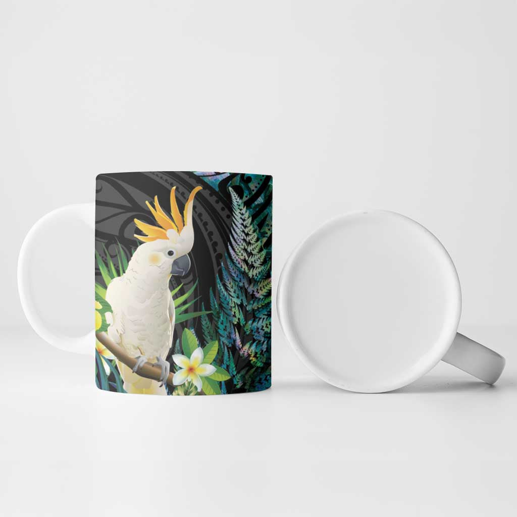 Sulphur-crested Cockatoo New Zealand Ceramic Mug Paua Shell Aotearoa Maori Tropical Flowers - Polynesian Pride