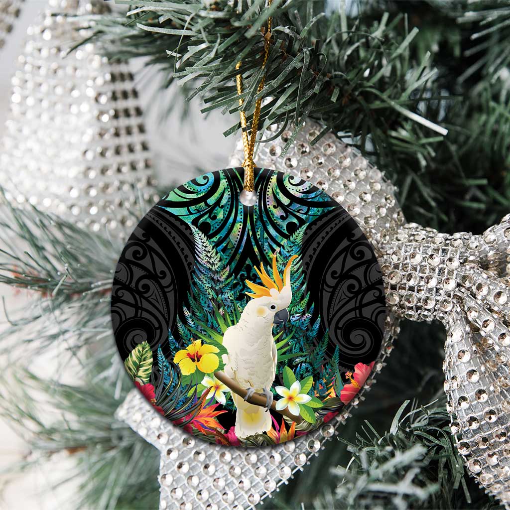 Sulphur-crested Cockatoo New Zealand Ceramic Ornament Paua Shell Aotearoa Maori Tropical Flowers - Polynesian Pride
