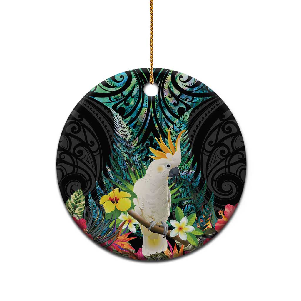 Sulphur-crested Cockatoo New Zealand Ceramic Ornament Paua Shell Aotearoa Maori Tropical Flowers - Polynesian Pride
