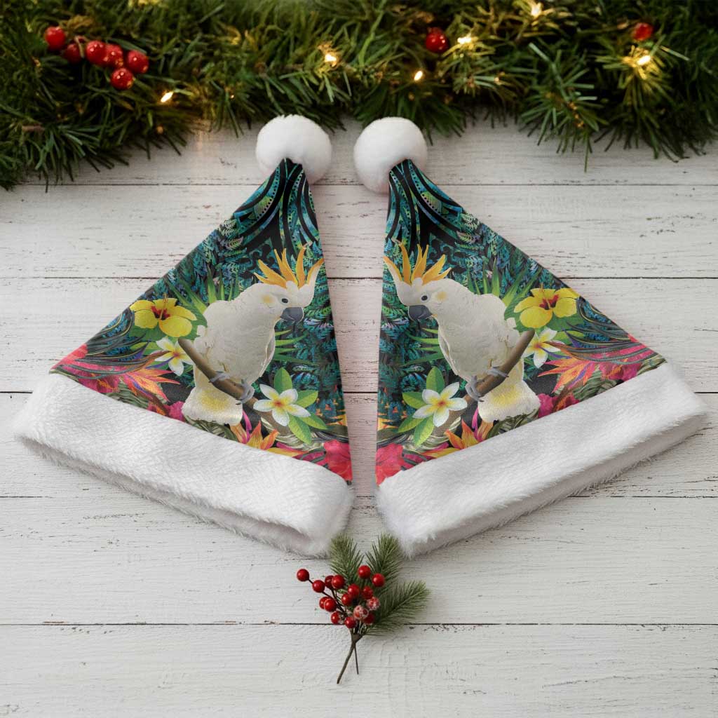 Sulphur-crested Cockatoo New Zealand Christmas Santa Hat Paua Shell Aotearoa Maori Tropical Flowers - Polynesian Pride