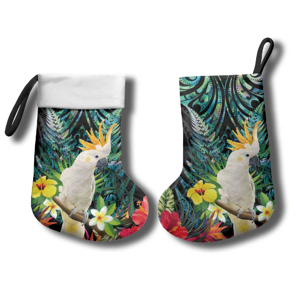 Sulphur-crested Cockatoo New Zealand Christmas Stocking Paua Shell Aotearoa Maori Tropical Flowers - Polynesian Pride